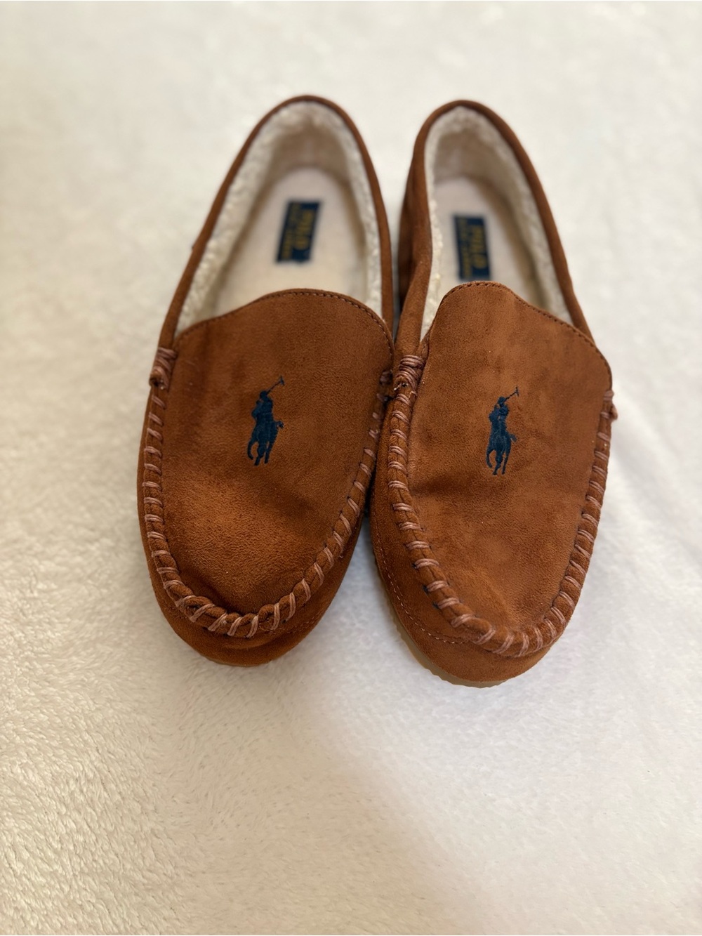 Ralph Lauren Chestnut Suede Moccasin Slippers with Navy Logo